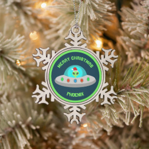 Christmas UFO Ho Ho Alien flying saucer Custom Snowflake Pewter Christmas Ornament