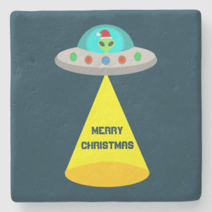 Christmas UFO Ho Ho Alien flying saucer Custom Stone Coaster