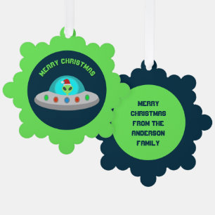 Christmas UFO Ho Ho Alien flying saucer Custom Tree Decoration Card