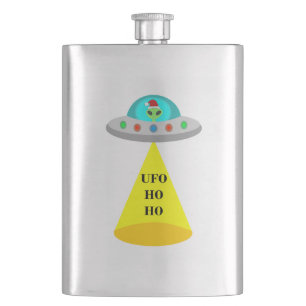 Christmas UFO Ho Ho Alien flying saucer Hip Flask