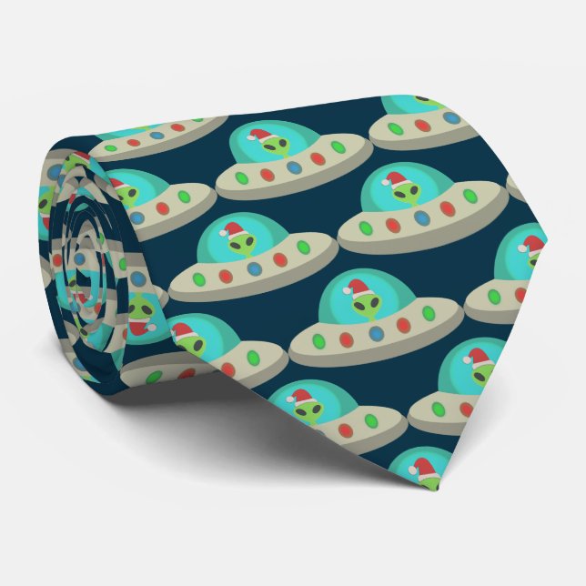 Christmas UFO Ho Ho Alien flying saucer Patterned Tie (Rolled)