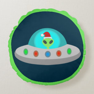 Christmas UFO Ho Ho Alien flying saucer Round Cushion