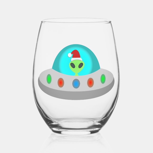 Christmas UFO Ho Ho Alien flying saucer Stemless Wine Glass (Front)