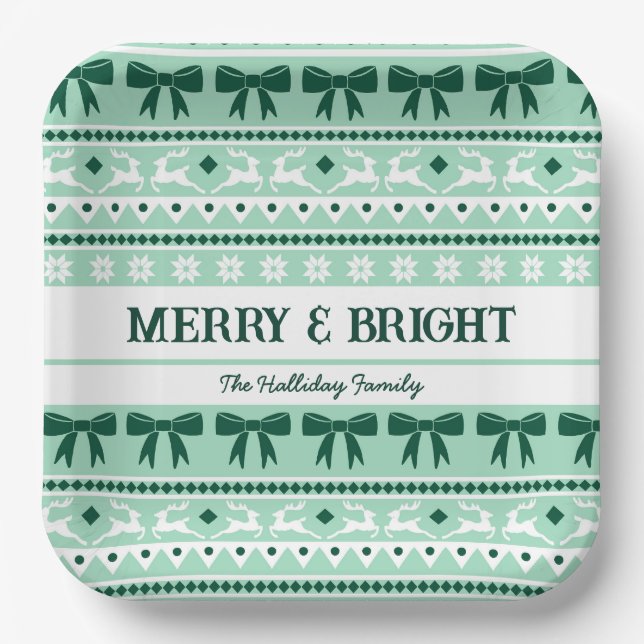 Christmas Ugly Sweater Family Name Mint Green Paper Plate (Front)