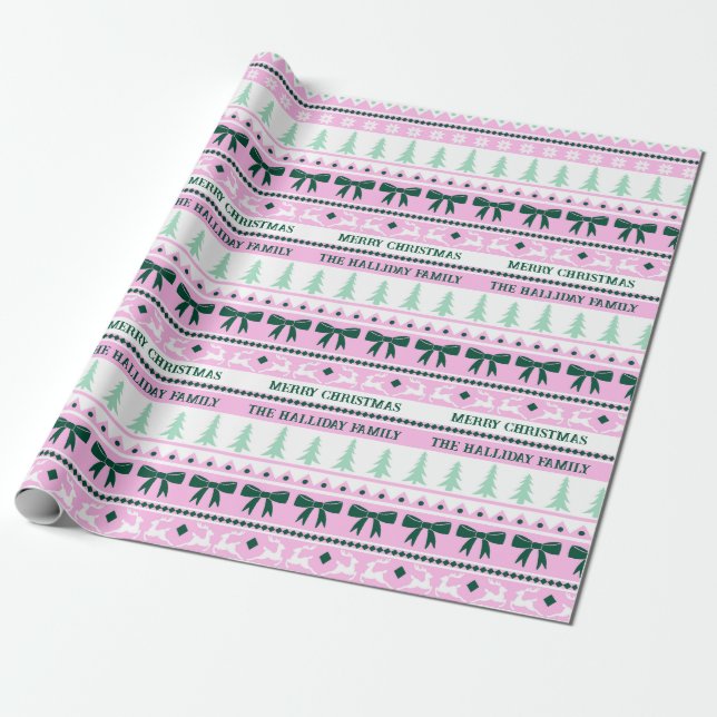 Christmas Ugly Sweater Family Name Pink & Green Wrapping Paper (Unrolled)