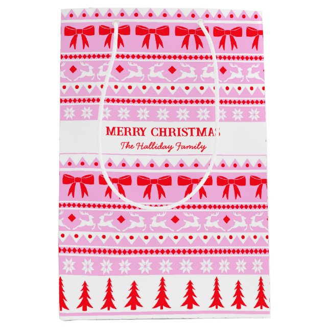 Christmas Ugly Sweater Family Name Pink & Red Medium Gift Bag (Front)