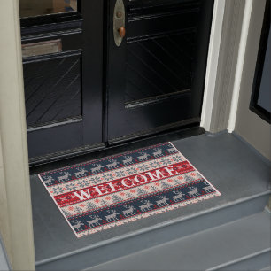 Christmas Ugly Sweater Faux Knitting Reindeer Doormat