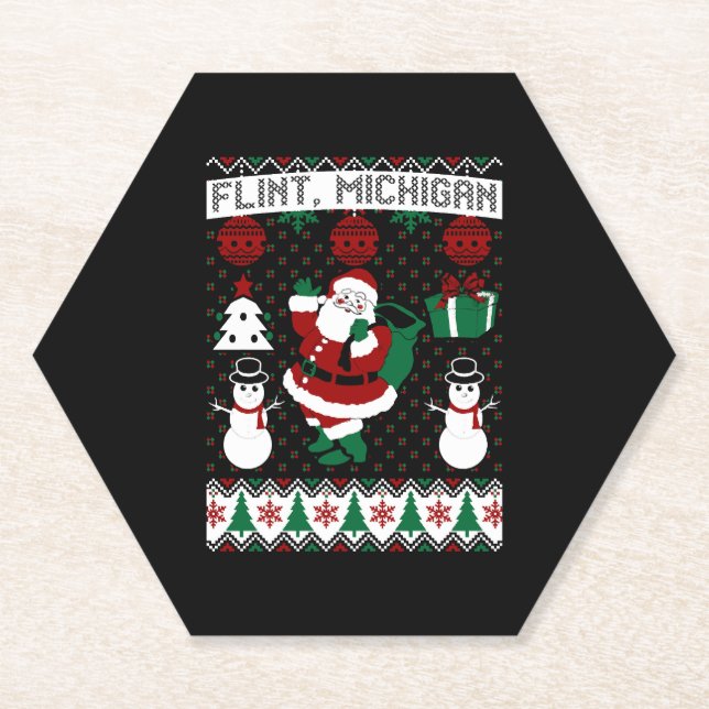Christmas Ugly Sweater Flint Michigan Paper Coaster (Front)
