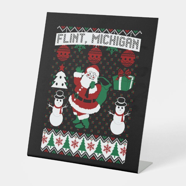 Christmas Ugly Sweater Flint Michigan Pedestal Sign (Front)