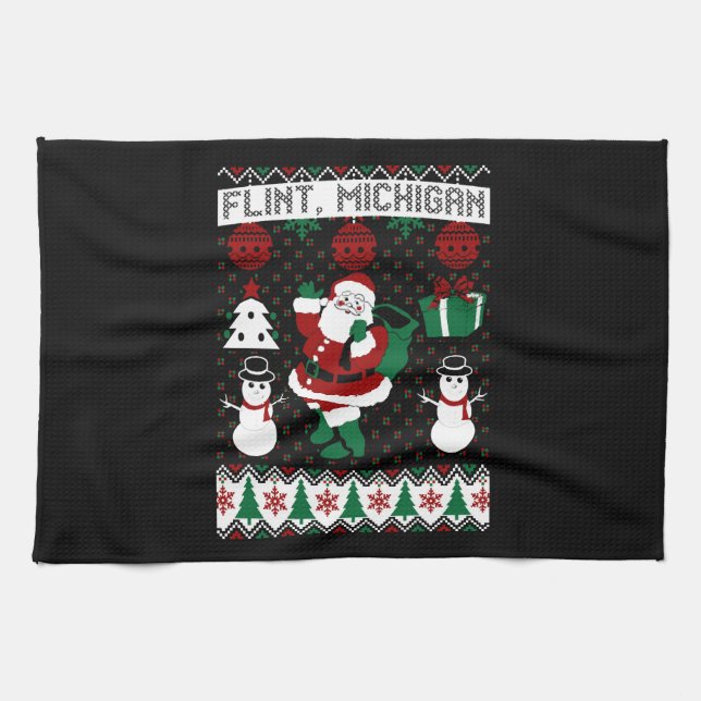 Christmas Ugly Sweater Flint Michigan Tea Towel (Horizontal)