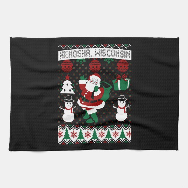 Christmas Ugly Sweater Kenosha Wisconsin Tea Towel (Horizontal)
