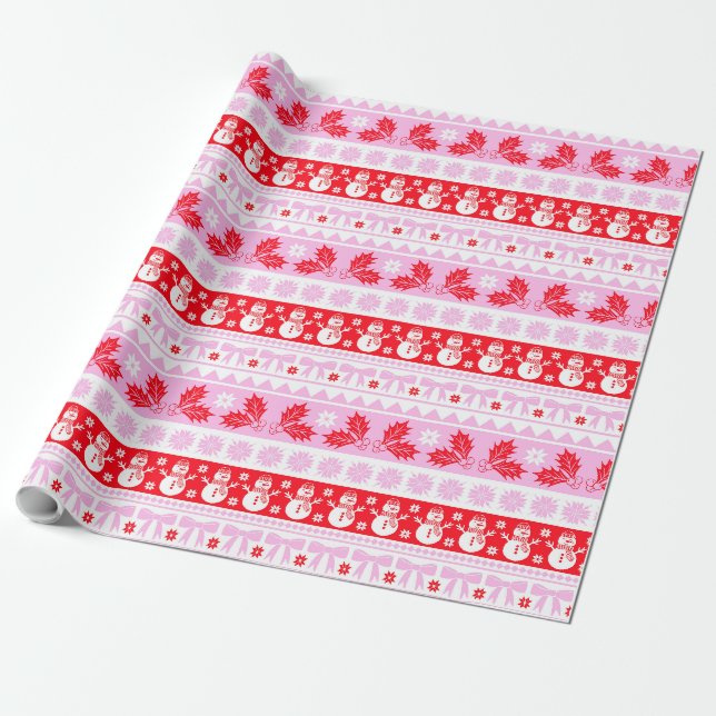 Christmas Ugly Sweater Knit Pattern in Pink & Red Wrapping Paper (Unrolled)