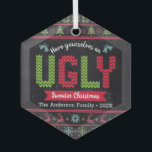 Christmas Ugly Sweater Nordic Knit Fun Chalkboard  Glass Tree Decoration<br><div class="desc">“Have yourself an ugly sweater Christmas.” Help decorate your tree in “style” with this unique, fun holiday premium glass ornament! Nordic knit fair isle pattern of whimsical trees, reindeer, ornaments, along with playful “sweater” typography in red, green and aqua blue, overlay a chalkboard background. Feel the warmth and joy of...</div>