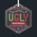 Christmas Ugly Sweater Nordic Knit Fun Chalkboard  Glass Tree Decoration<br><div class="desc">“Have yourself an ugly sweater Christmas.” Help decorate your tree in “style” with this unique, fun holiday premium glass ornament! Nordic knit fair isle pattern of whimsical trees, reindeer, ornaments, along with playful “sweater” typography in red, green and aqua blue, overlay a chalkboard background. Feel the warmth and joy of...</div>