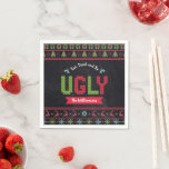 Christmas Ugly Sweater Nordic Knit Name Chalkboard Napkin<br><div class="desc">“Eat, drink and be ugly.” Celebrate the holiday season in “style” with this fun, unique, holiday party paper napkin! A cute, Nordic knit fair isle pattern of whimsical trees, reindeer, ornaments, along with playful “sweater” typography in red, green and aqua blue, overlay a chalkboard background. Personalise with your name. Choose...</div>