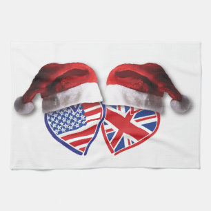 Christmas UK USA Patriotic Heats Tea Towel