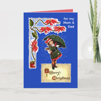 Christmas Umbrella Girl in Snow for Mum and Dad Card