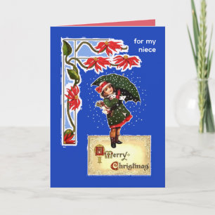 Christmas Umbrella Girl in Snow for Niece Card
