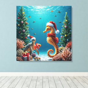 Christmas Underwater Ocean Seahorse and Turtle Canvas Print