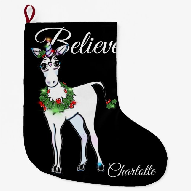 Christmas Unicorn, believe Large Christmas Stockin Stocking (Front)