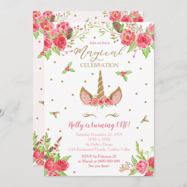 Christmas Unicorn Birthday Invitation (Front/Back)