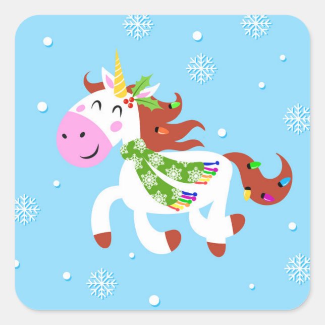 Christmas Unicorn Cartoon Square Sticker (Front)
