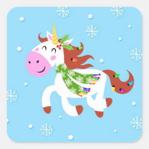 Christmas Unicorn Cartoon Square Sticker