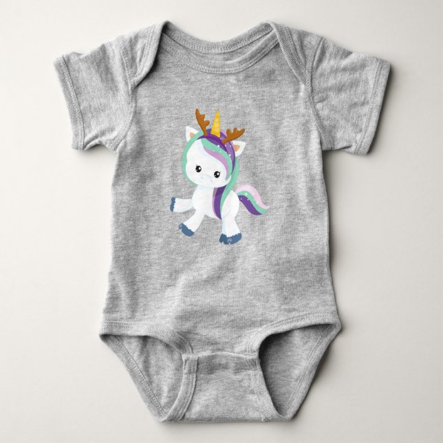 Christmas Unicorn, Cute Unicorn, Antlers, Xmas Baby Bodysuit (Front)