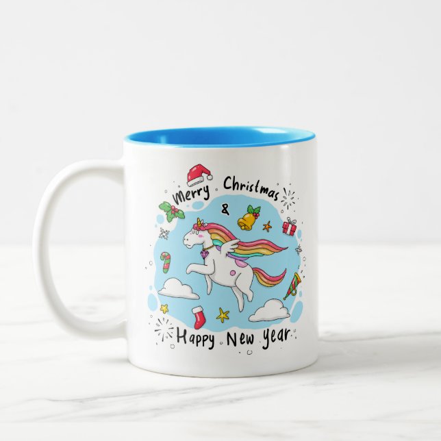 Christmas Unicorn Doodle Blue Two-Tone Coffee Mug (Left)