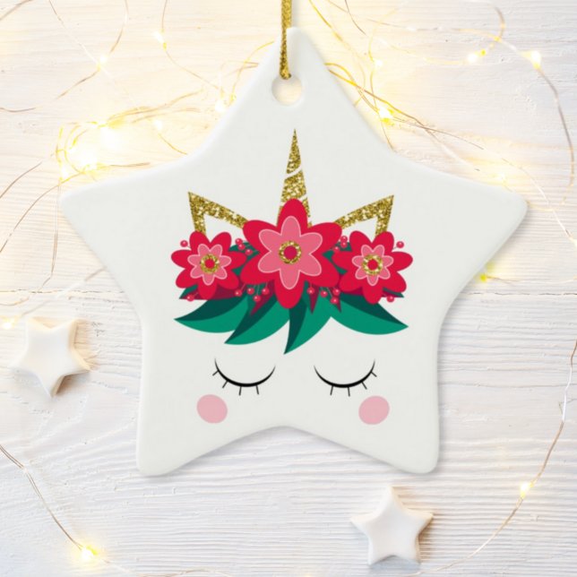 Christmas Unicorn Face Flowers Personalised Ceramic Ornament (Creator Uploaded)