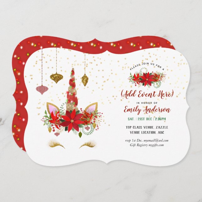 Christmas Unicorn Face Invitations ANY EVENT (Front/Back)