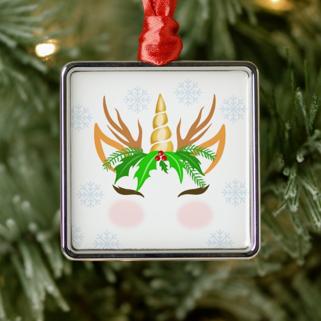 Christmas Unicorn Face Metal Ornament (Tree)