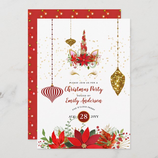 Christmas Unicorn Face Party Red Gold Fun Modern Invitation (Front/Back)