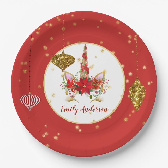 Christmas Unicorn Face Personalised Party Paper Plate (Front)