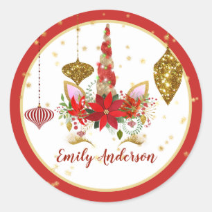 Christmas Unicorn Face Personalised Red Gold Classic Round Sticker