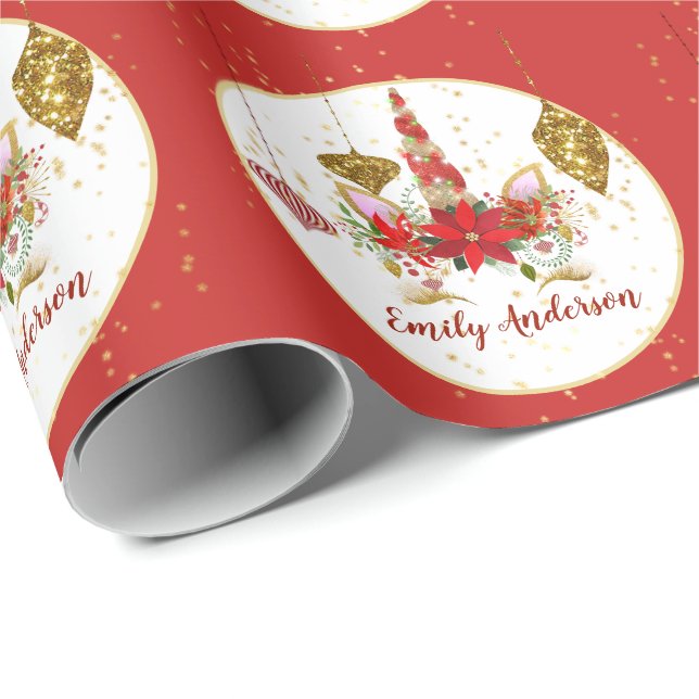 Christmas Unicorn Face Personalised Red Gold Wrapping Paper (Roll Corner)