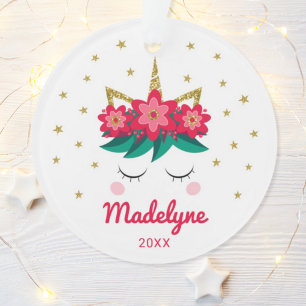 Christmas Unicorn Flowers Stars Personalized Name Ornament
