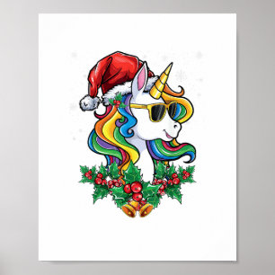 Christmas Unicorn Girls Boys Xmas Santa Cute Kids Poster