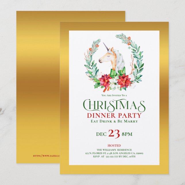 Christmas unicorn gold accent dinner party invite (Front/Back)