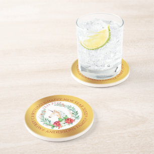 Christmas unicorn gold and white border coaster