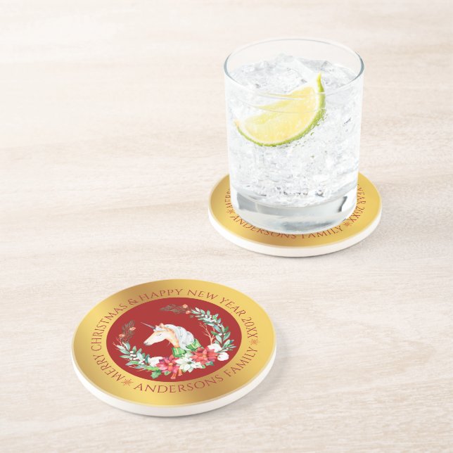 Christmas unicorn gold border coaster (Side)