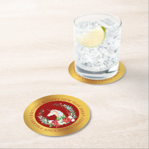 Christmas unicorn gold border round paper coaster