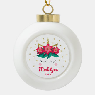 Christmas Unicorn Gold Glitter Stars Personalised Ceramic Ball Christmas Ornament
