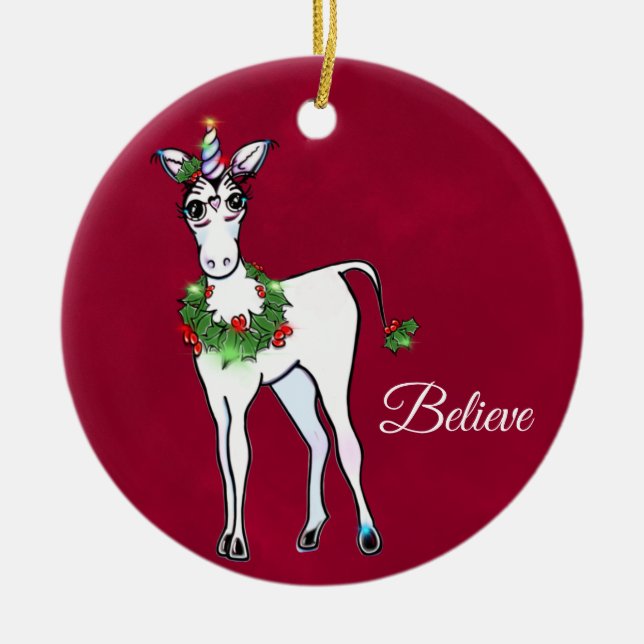 Christmas Unicorn magical fantasy  Ceramic Ornament (Front)
