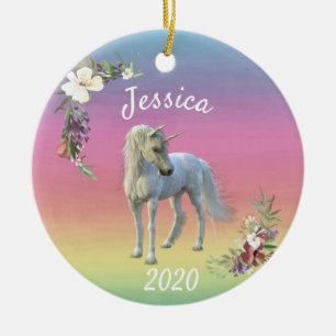 Christmas Unicorn magical Fantasy rainbow Ceramic Ornament