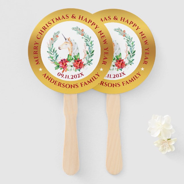 Christmas unicorn & poinsettia composition 2 hand fan (Front and Back)