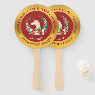 Christmas unicorn & poinsettia composition hand fan