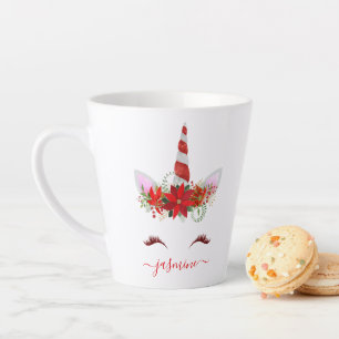 Christmas Unicorn Red Floral Gold Lashes Name Latte Mug