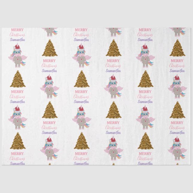 Christmas Unicorn Santa Hat Gold Glitter Xmas Tree Tissue Paper (Front)