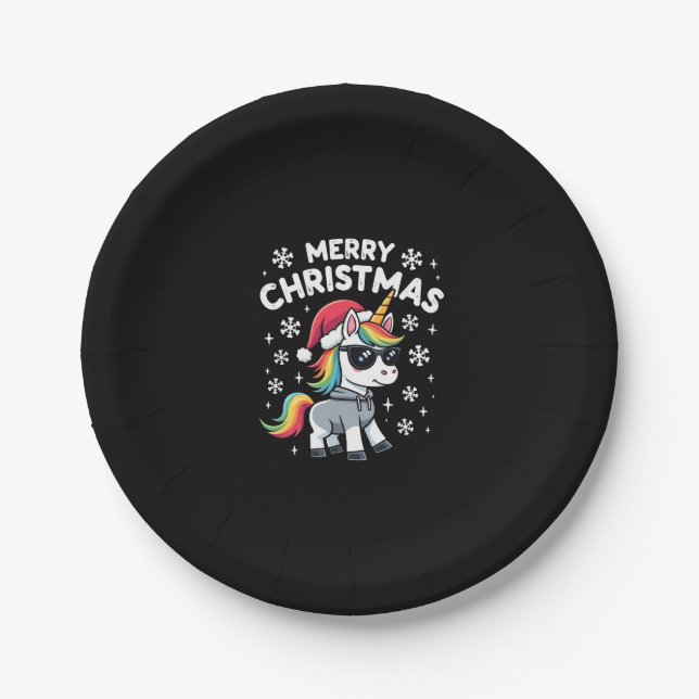 Christmas Unicorn Santa Hat T-Shirt (1) Paper Plate (Front)